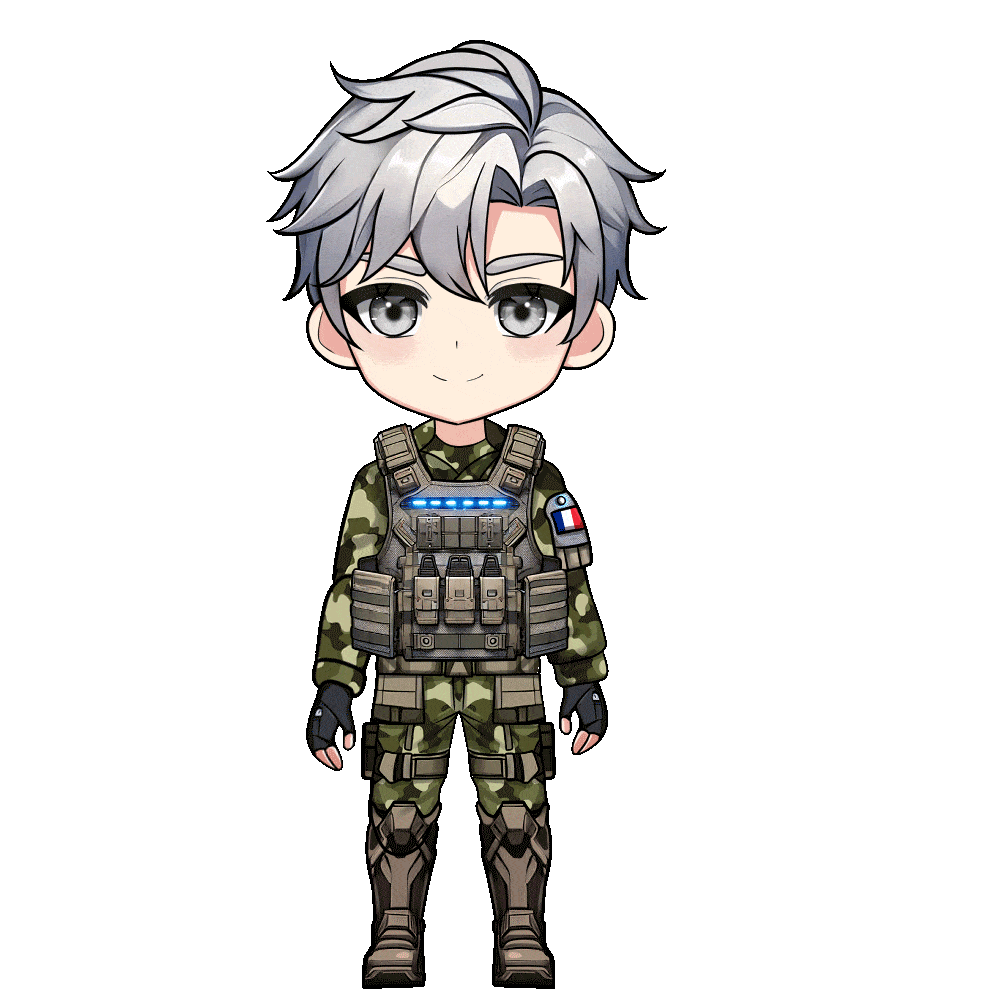 Personnage chibi aux cheveux argentés, vêtu d'un uniforme militaire camouflage vert et d'un gilet tactique. Son expression est neutre.