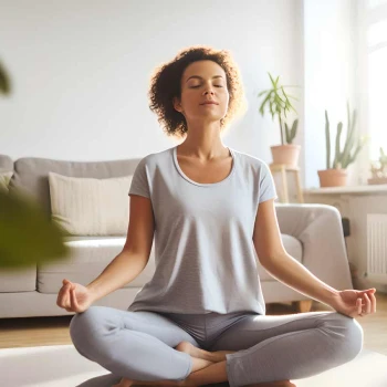 Une femme médite paisiblement dans un salon ensoleillé, assise en tailleur sur le sol. Elle porte une tenue gris clair, entourée d'un canapé et de plantes en pot.