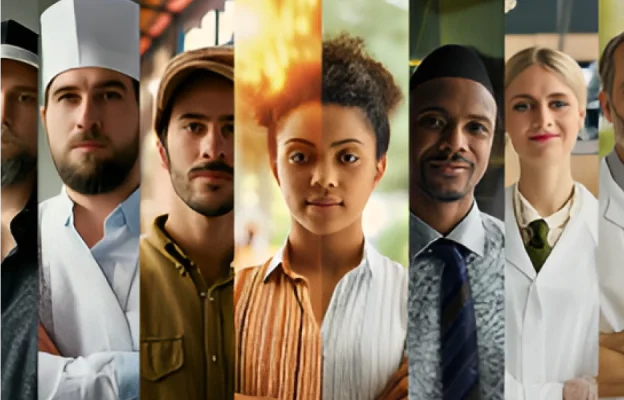 Un groupe diversifié de professionnels, dont des chefs, un artiste et un scientifique, dans des portraits en cadre divisé, véhiculant l'inclusivité et la collaboration.